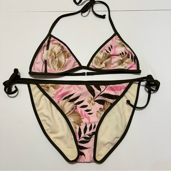 Guess Vintage String Bikini Pink Floral With Olive Trim SZ L - Picture 13 of 13